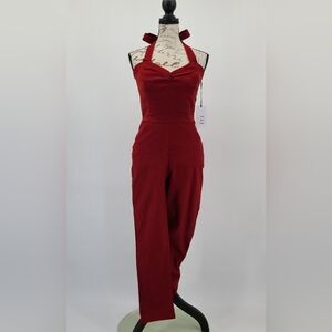 Unique Vintage Burgandy Slim Fit Halter Jumpsuit